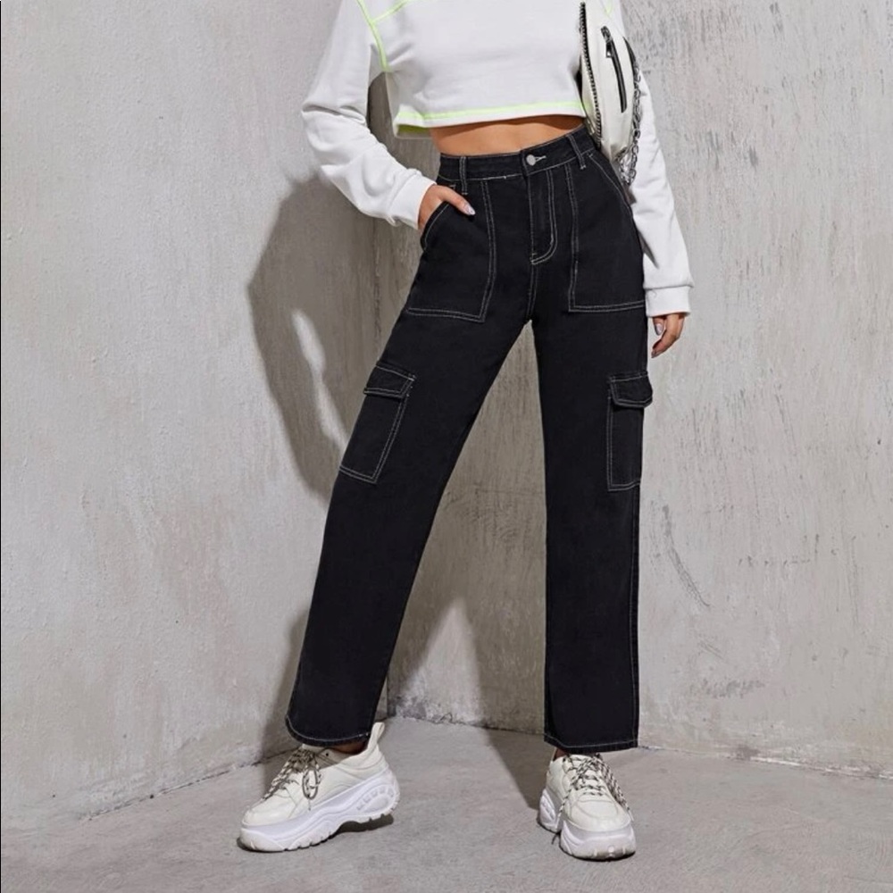 Contrast Stitching Straight Leg Cargo Pocket Black Jeans XS 24/25